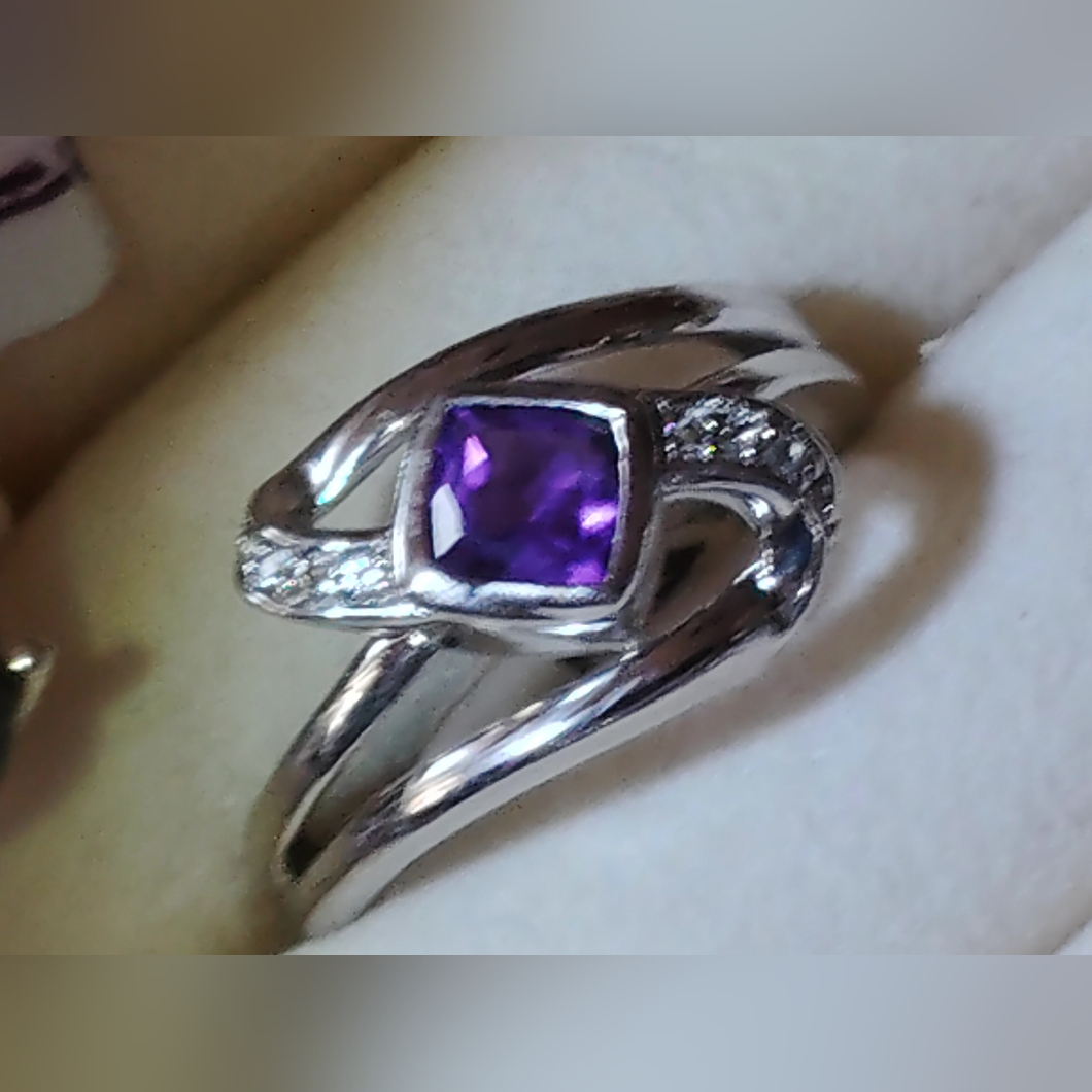 Abstract Sterling Silver, African Amethyst And White Topaz,. Unisex Ring. Size 7